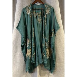 Soft Surroundings Embroidered Boho Sequin Fringe Teal/Tan‎ Kimono Duster S/M
